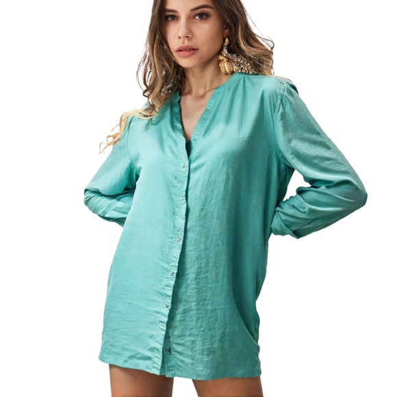 Chadwicks 100% Linen Blouse Top Tunic Long Sleeve Button Front Robin Egg Blue - Picture 1 of 7